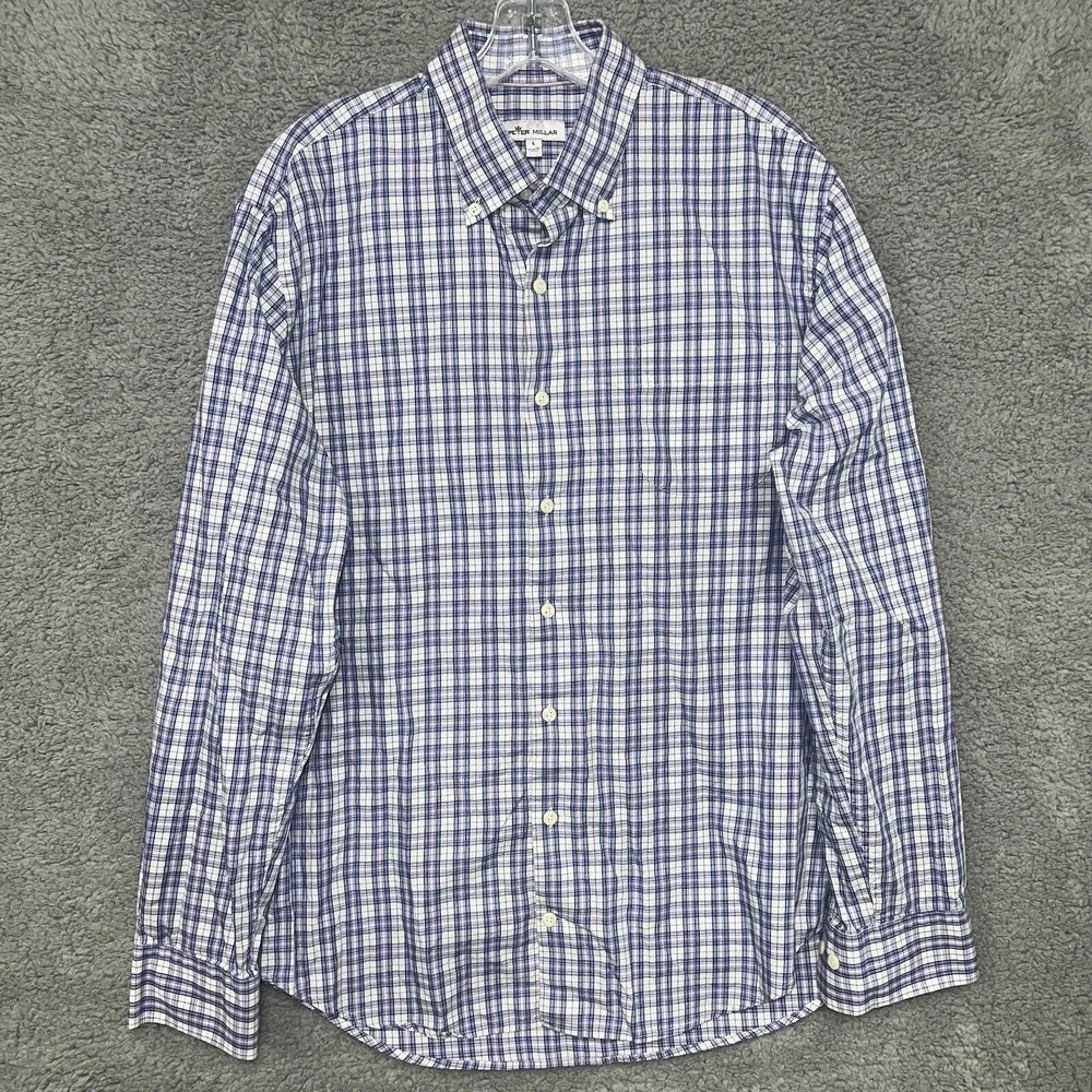 Peter Millar Shirt Men's Size‎ L Purple/Blue Plaid Button Up Long Sleeve Pocket
